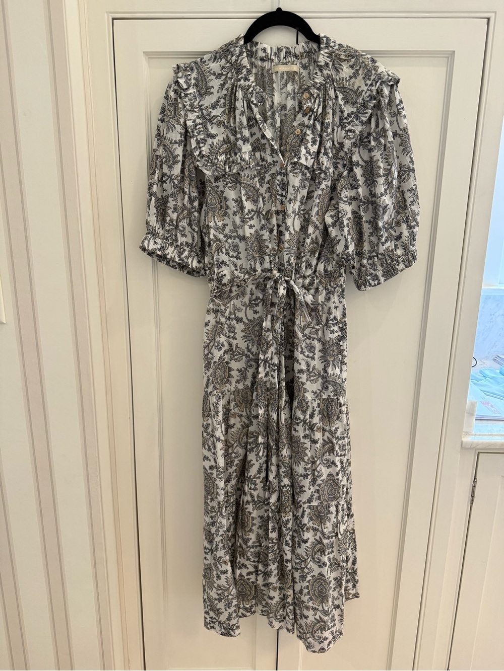 Paisley Ruffle Midi Dress in White and Gray